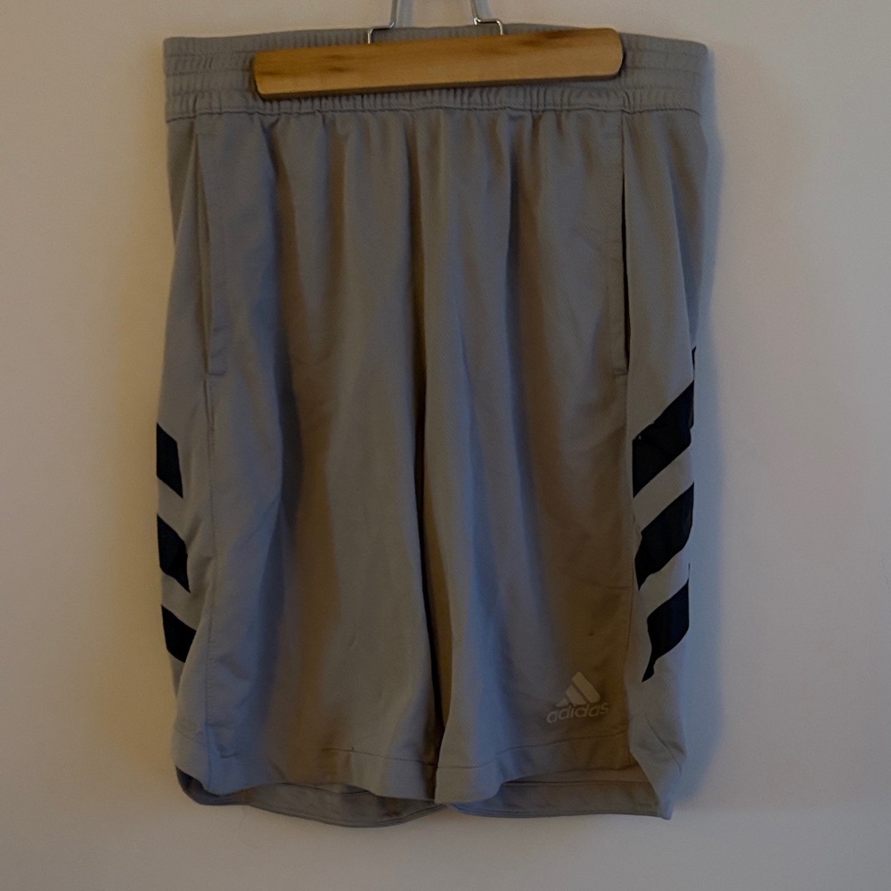 Adidas Men's Gray Athletic Shorts with Black Stripes